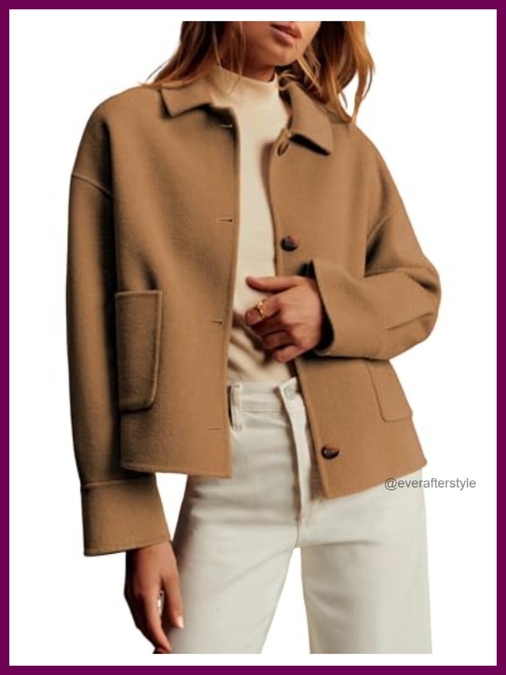 Wool Blend Cropped Pea Coat Boxy Fit Button Front Notched Collar